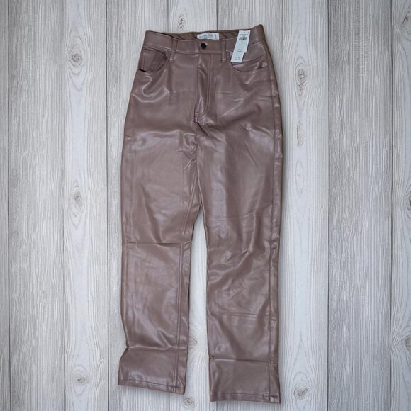 Abercrombie The 90's Straight Ultra High-Rise Faux Leather Taupe Pants Size 6 - Picture 4 of 10